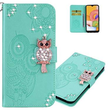 Imagem de OOPKINS Compatível com OnePlus Nord N200 5G coruja em relevo com design de diamante, capa flip para notebook, carteira, compartimento para cartão, suporte magnético para OnePlus Nord N200 5G diamante