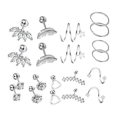 Imagem de FAKEME 10 pares de argolas de aço inoxidável Tragus para mulheres, brincos de piercing de barra, Cristal Aço Inoxidável Cristal, não disponível