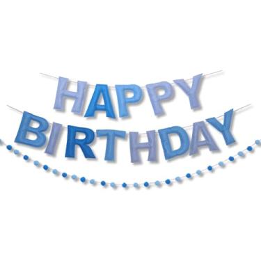 Imagem de Faixa azul feliz aniversário decorações de aniversário guirlanda bola de feltro pré-amarrado sinal de feliz aniversário para decorações de festa de aniversário para homens e meninos