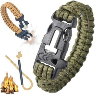 Imagem de Pulseira Tática de Sobrevivência Bracelete Paracord com Pederneira, Bússola e Apito Verde Militar