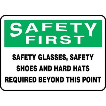 Imagem de Accuform Placa MPPE917VS, legenda "Safety First Safety Glasses, Safety Shoes and Hard Hats Required", 17,8 cm de comprimento x 25,4 cm de largura x 0 cm de espessura, vinil adesivo, 17,8 cm x 25,4 cm,
