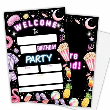 Imagem de Nuckxy Convite para festa de aniversário da festa do pijama - Convite de aniversário neon para meninos e meninas - 20 cartões de convite preenchidos com envelopes, lembrancinhas de festa e decorações