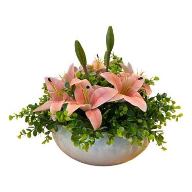 Imagem de Arranjo Grande Centro Mesa Lírio Rosa Artificial Vaso Branco - Decore 