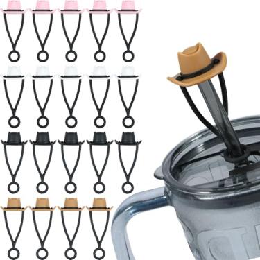 Imagem de VMBQRTI 20 peças de chapéu de vaqueira capa de palha para copo, para 30 copos de 1,134 g reutilizável de silicone chapéu de cowboy capas de palha bonito tampa de palha acessórios de copo engraçados