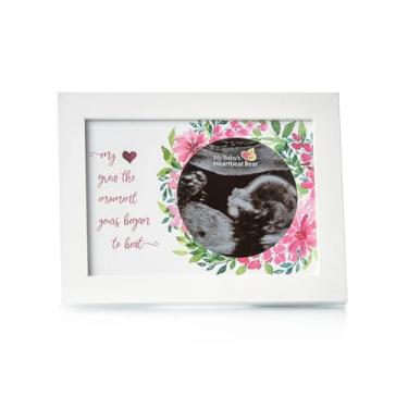 Imagem de MBHB Molduras de ultrassom de madeira, moldura branca de madeira real 12 x 18 cm com recorte circular de 8,9 cm, linda exibição para a primeira digitalização do bebê, presente ideal, adequado para