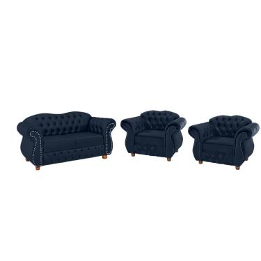 Imagem de Um Sofá Chesterfield Merlo 2 lugares 1,80 + Duas Poltronas - Suede Azul Marinho / decoração, recepção, sala tv estar