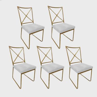 Imagem de Kit 05 Cadeiras Sala de Jantar Escritório Office Clark Industrial Ferro Dourado Corino Branco - Ahz Móveis