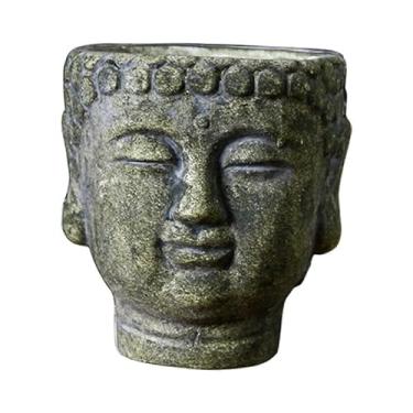 Imagem de IEUDNS Cabeça de buda de cimento vaso de flores escultura criativa com buraco de drenagem planta recipiente plantador para pátio quintal hotel, Musgo
