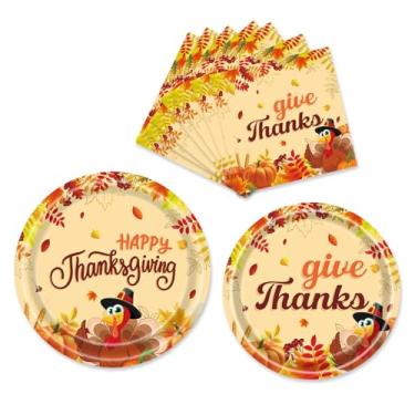 Imagem de hhdatc Conjuntos de pratos e guardanapos de Ação de Graças, festa de outono, folhas de ácer, suprimentos de abóbora, decorações de Ação de Graças, conjunto de louça descartável para 16 convidados agradecer