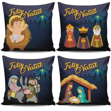 Imagem de Kit C/ 4 Almofadas Cheias Estampadas Natalinas Feliz Natal Família Sagrada 45cm X 45cm Com Refil