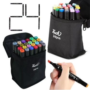 Imagem de Canetinhas Caneta Permanente 24 Cores Estojo Ponta Dupla Kit 2 Uni Desenho Pintura