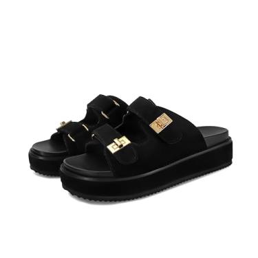 Imagem de SOVANYOU Sandálias de plataforma femininas confortáveis para verão e praia, sem cadarço, com fivela dupla, sapatos casuais de férias, Camurça preta, 37