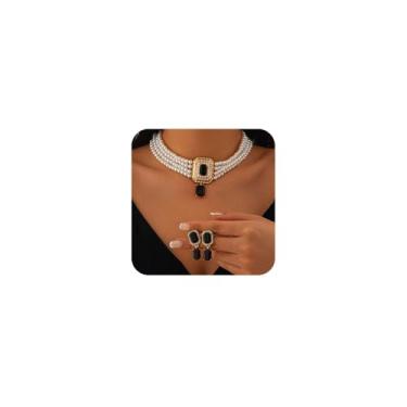 Imagem de Missgrace Gargantilha feminina vintage boho prata verde década de 1920 falso pérola gargantilha conjunto de brincos noiva falso pérola strass geometria preto rosa colar brinco para baile bar festa