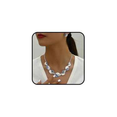 Imagem de sunglnl Conjuntos de colar para mulheres, colares e brincos de emenda de folhas azuis e brancas esmaltadas artesanato minimalista joia metálica presente, 44CM/17.32 Inches + 5CM/2 Inches Extender