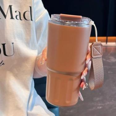 Imagem de Copo Térmico de Café a Vácuo de Aço Inoxidável 290ml/360ml/600 com Canudo e Alça(MARROM,600ml)