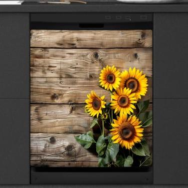 Imagem de DXTKWL Capa magnética para lava-louças, retrô, de madeira, girassol, reutilizável, para lava-louças, adesivo, capa decorativa para máquina de lavar louça, painel de porta para aparelhos domésticos de