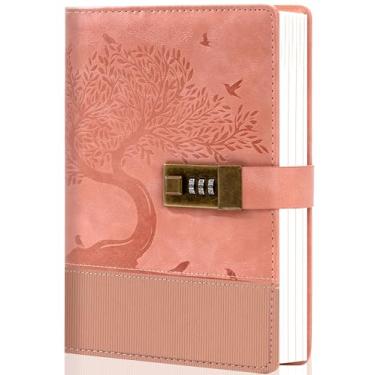 Imagem de MINICAGIE Diário rosa com cadeado para mulheres e meninas, 256 páginas, diário com senha de couro com cadeado A5, diário bloqueado vintage para escrever anotações, 15 x 21 cm
