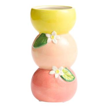 Imagem de Vaso de cerâmica rosa e amarelo - decoração cítrica empilhada de limão e laranja - Vaso de botão de flores para decoração de prateleira de fazenda - vasos decorativos para casa, destaque colorido de