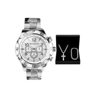 Imagem de Relógio Masculino Aço Inoxidável Prata + Cordão Grumet + Crucifixo Pai Nosso + Pulseira | Kit Presente Casual Social à Prova d’Água