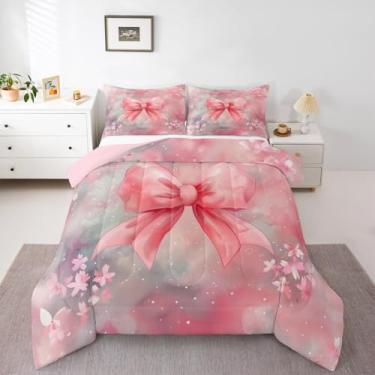Imagem de Castle Fairy Jogo de cama Dreamy Bowknot tamanho casal, estampa de gravata borboleta rosa aquarela, reversível, respirável, conjunto de edredom de poliéster, estampa tie dye, flor de cerejeira, 2