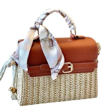 Imagem de Bolsas transversais de palha com alça superior para mulheres, bolsas de praia de verão com alça de corda destacável, 1 chapéu de sol e 3 alças de cachecol coloridas, bolsa de mão de palha natural