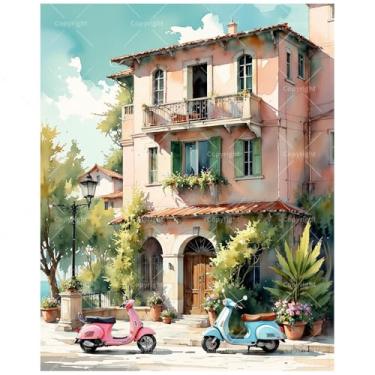 Imagem de Kit de pintura de cidade europeia por números para adultos - Scooters de Vespa DIY e pintura de frente de casa em tela 40,6 x 50,8 cm, conjunto de tinta acrílica, adequado para iniciantes, arte para