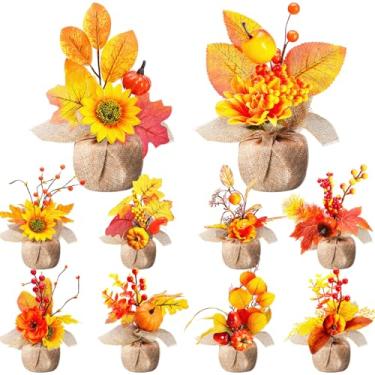 Imagem de Giegxin 10 peças de plantas falsas em vasos de outono decoração de outono plantas artificiais de ação de graças com abóbora, girassol, folha de bordo, pinha para decoração de colheita de outono, mesa