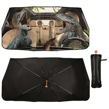 Imagem de Firiseroh Guarda-chuva de para-brisa dianteiro divertido dinossauros para carro mantém o veículo fresco para a maioria dos veículos guarda-chuva de para-brisa