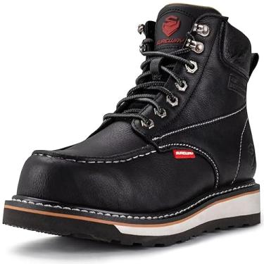 Imagem de SUREWAY Botas de trabalho masculinas resistentes, macias/compostas/biqueira de aço, confortáveis, GoodyearWelt, couro de flor integral, botas de construção moc toe de 15 cm, Marrom, 45