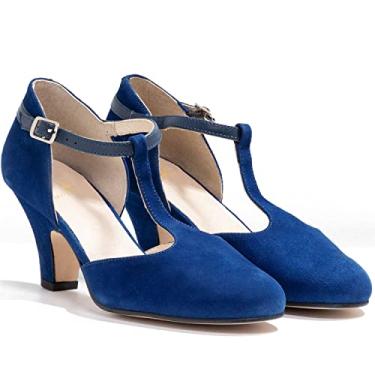 Imagem de MOOMMO Sapato feminino confortável Mary Jane salto gatinho tira em T bico redondo recorte tira no tornozelo salto grosso sapatos de trabalho D'Orsay camurça couro escritório festa de casamento 4-13 M EUA, Camurça azul-marinho, 7.5