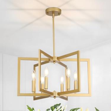 Imagem de Lustre dourado de 6 luzes para sala de jantar, luminária pendente de casa de fazenda moderna de 56 cm, luminária suspensa de metal industrial geométrico para cozinha, ilha, entrada, entrada, sala de