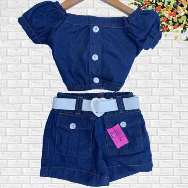 Imagem de Conjunto Jeans infantil menina Tia Dani Kids Cropped e Shorts e Cinto 