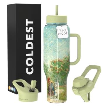 Imagem de Copo Coldest com alça e canudo, copo isolado 100% à prova de vazamento com tampa e canudo (3 tampas), copos de aço inoxidável para mulheres e homens, base compatível com porta-copos, 1,304 g (casais