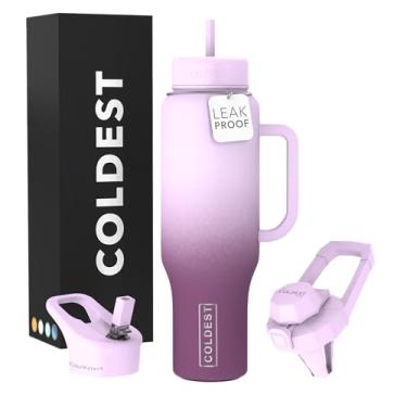 Imagem de Copo Coldest com alça e canudo - Copo isolado 100% à prova de vazamento com tampa e canudo (3 tampas) - Copos de aço inoxidável para mulheres e homens - Base compatível com porta-copos, 1,304 g