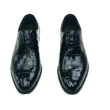 Imagem de Sapato social autêntico de couro de crocodilo verdadeiro verdadeiro couro de jacaré exótico masculino com cadarço Oxfords, Preto, 37
