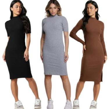 Imagem de KIT 3 Vestido Midi Manga Curta Vekyo Gola Alta Blogueira Canelado Moda