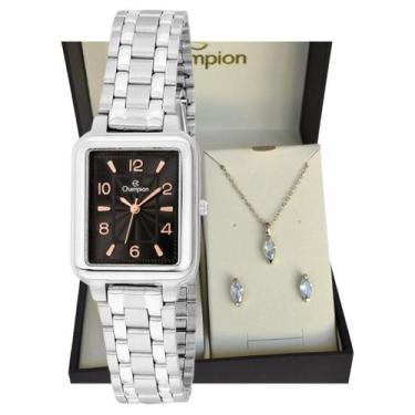 Imagem de Relogio champion prateado quadrado visor preto + kit semi joia