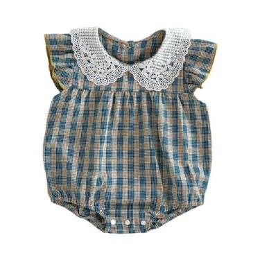 Imagem de Macacão De Verão Para Meninas Bebês Em Estampa Xadrez Azul Com Mangas 