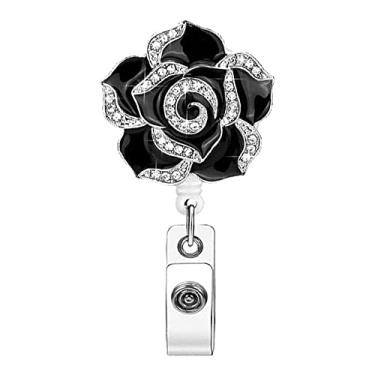 Imagem de Suporte de crachá material de escritório para adultos carretel de crachá rosa flor nome etiqueta cartão de identificação clipe de crachá hospital (preto)