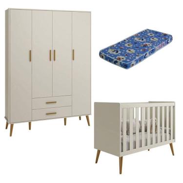 Imagem de Berço Americano e Guarda Roupa Infantil 4 Portas Isis Areia Acetinado com Colchão Ortobom - Reller