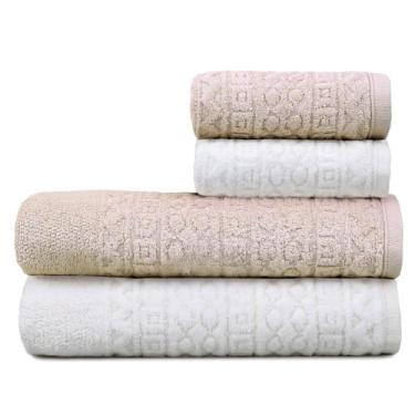 Imagem de Toalha de Banho Gigante, Jogo/Kit 4 Toalhas (2 Banho + 2 Rosto) Macia Algodão Luxo Barra Aveludada Alta Absorção(Rosada + Off White)