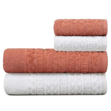 Imagem de Toalha de Banho Gigante, Jogo/Kit 4 Toalhas (2 Banho + 2 Rosto) Macia Algodão Luxo Barra Aveludada Alta Absorção(Off White + Telha)