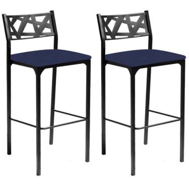 Imagem de Kit 02 Banquetas Alta Com Encosto Luiza Gourmet Para Balcão Cozinha Suede Azul Marinho - Aurora Line
