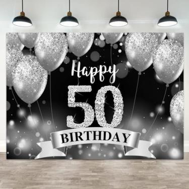 Imagem de ASDCXZ 3 x 2,4 m Feliz 50º aniversário pano de fundo com glitter preto prata balões diamante aniversário fotografia fundo 50 anos de idade decorações de festa aniversário homens mulheres retrato