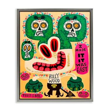 Imagem de Stupell Industries Arte de parede em tela flutuante emoldurada dourada com desenho caprichoso da cultura do México, design de Jorge R. Gutierrez, 21 x 17