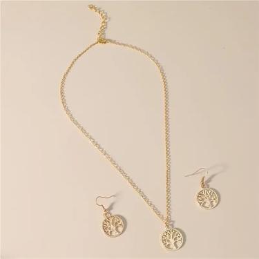 Imagem de Conjunto de colar e brincos de árvore da vida dourada para mulheres, conjunto de joias com pingente redondo minimalista, presente delicado para o dia a dia, joias significativas simbólicas, amor