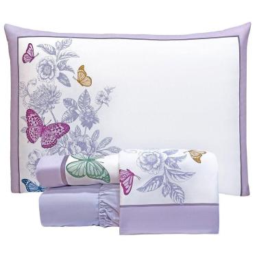 Imagem de Jogo De Cama Lençol Casal Bouquet Percal 300 Fios 4 Peças - Lilás - 100% Poliéster