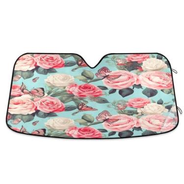 Imagem de ATTX Para-brisa de carro flores rosa 144.8 cm x 80.0 cm escudo solar universal com proteção UV, persiana de janela frontal automática dobrável para caminhões Sedans SUVs #700
