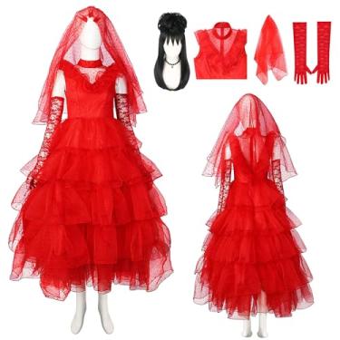 Imagem de nezababycos 4 peças vestido de fantasia feminino Lydia Deetz Beetle Bride vestido de noiva vermelho cosplay gótico para adultos Halloween (GG)