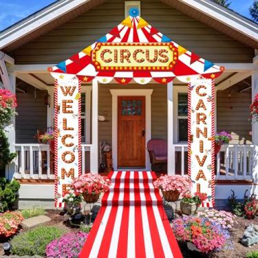 Imagem de Fanfanwin 4 peças decorações de barraca de circo Halloween Carnaval porta de entrada decoração de festa vermelho e branco faixa suspensa corredor corredor suprimentos para celebração de aniversário
